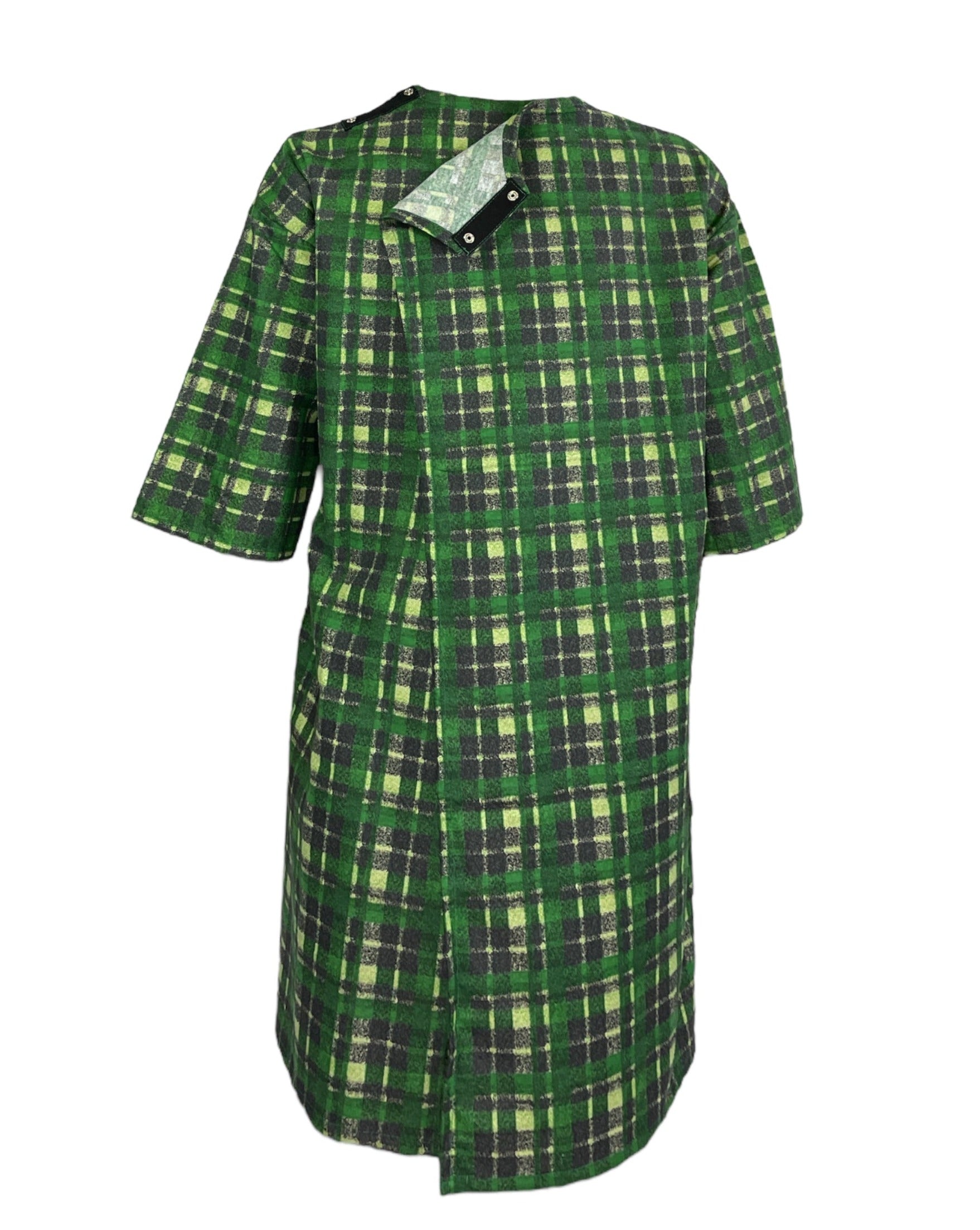 Mens Cotton Adaptive Back Opening Nightshirt.  View of the back. The generous overlap with snaps to secure the flap.