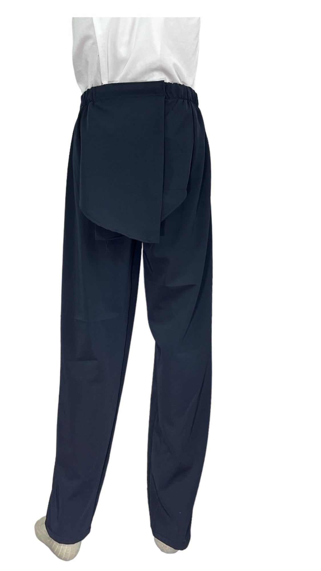 Adaptive open-back fleece pants in navy shown from the rear with overlapping back panel for assisted dressing.