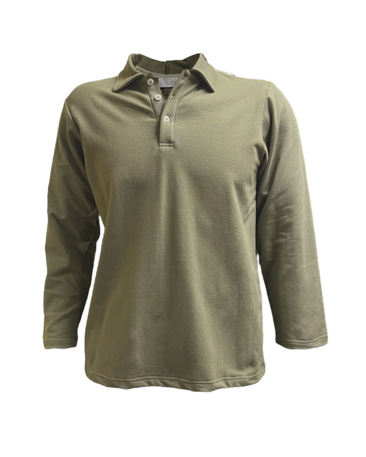 Adaptive Open Back Cotton Polo, Moss Green Long sleeve