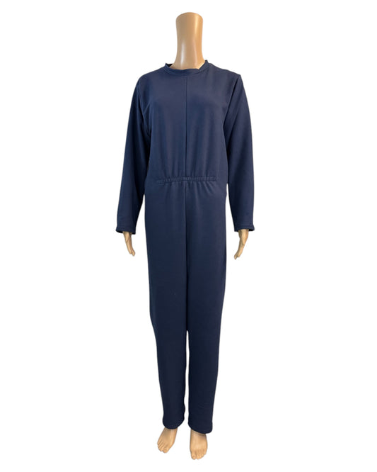 Adaptive anti-strip jumpsuit in navy with secure back zipper for dementia and special needs care