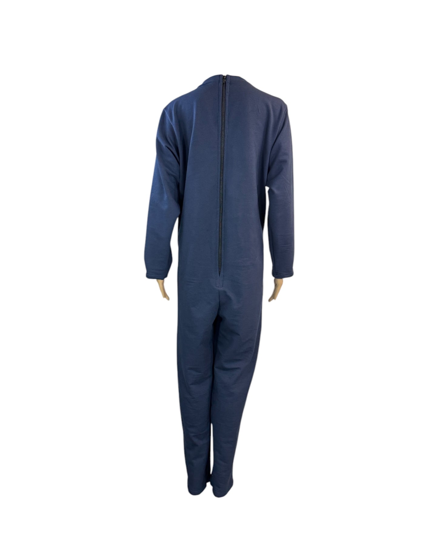 Adaptive anti-strip jumpsuit in navy with secure back zipper for dementia and special needs care