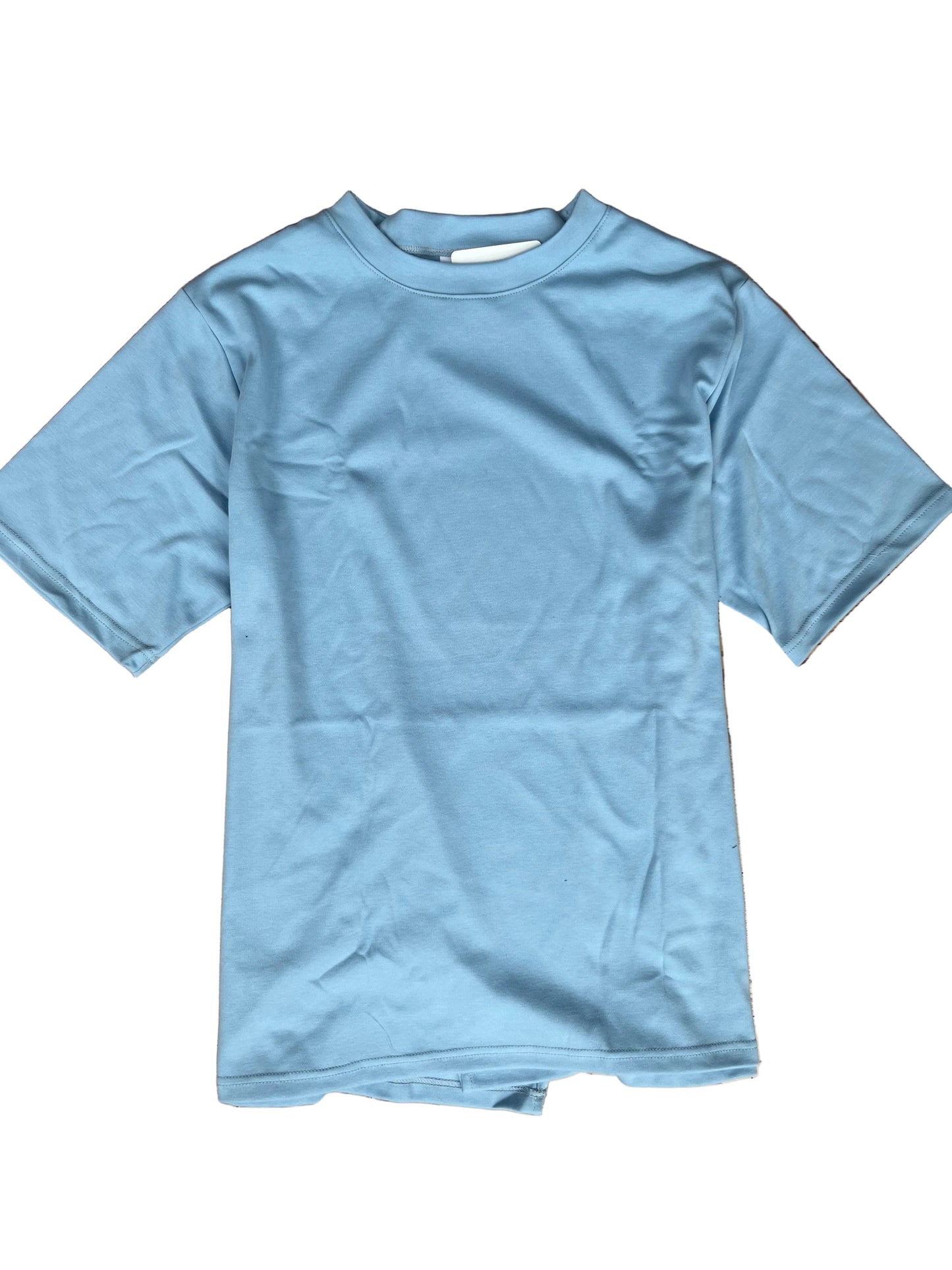 medium blue t-shirt with open back 
