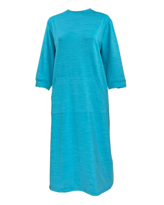 Adaptive Women’s Stretch Fleece Dress – Back Opening, Crew-Neck, Aqua Wash