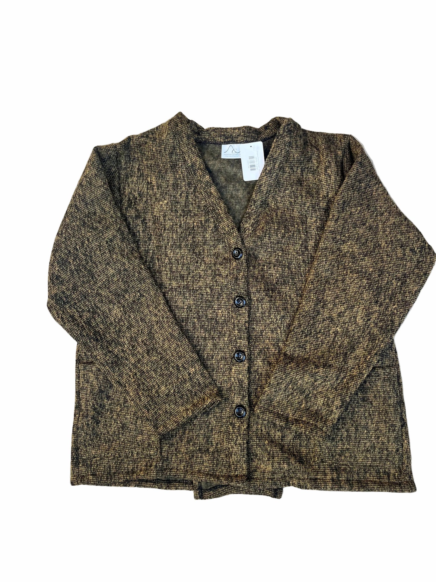 Folded brown jacket on a textured surface with a wooden floor visible.